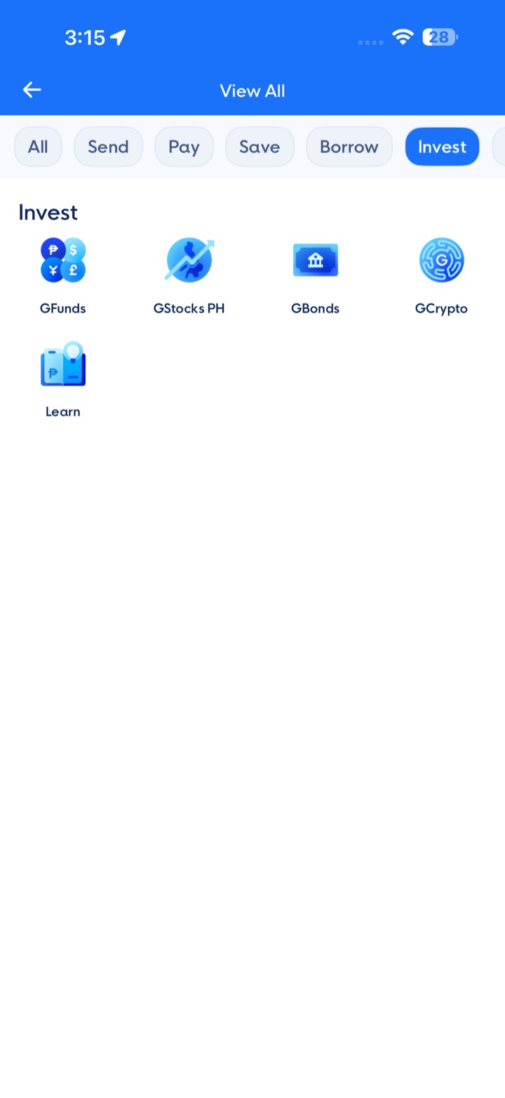 Invest screen with the GCrypto icon
