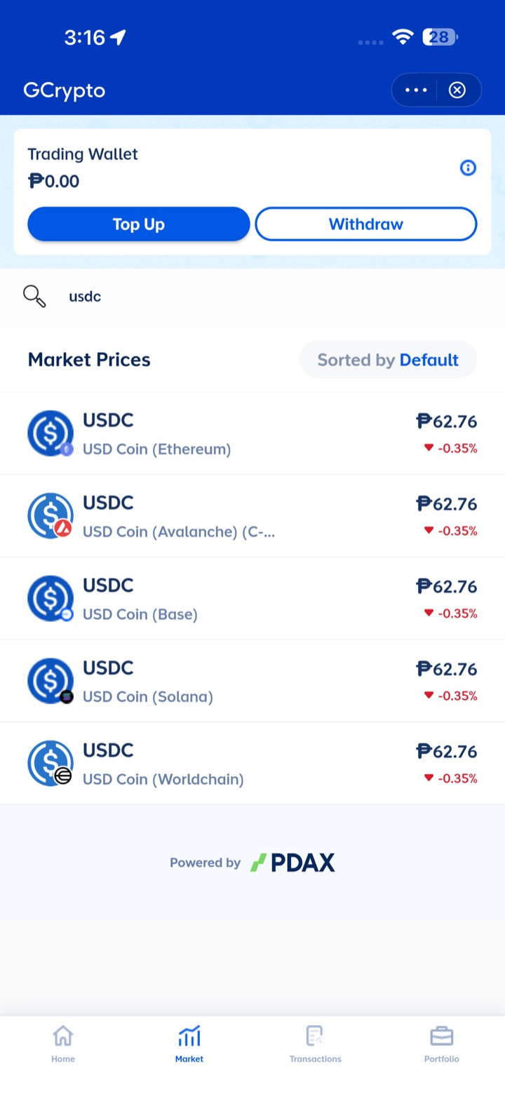 Search results for USDC; USD Coin (Base) is the third row